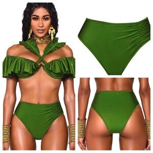 New! BFyne Kelcie Green High-Waisted Ruched Bikini Bottom 10611